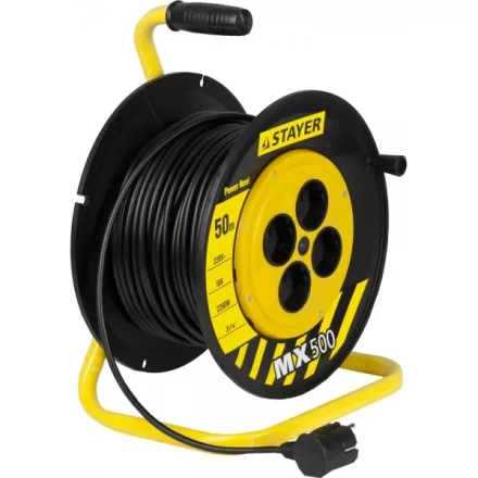 Удлинитель на катушке &quot;MX500&quot;, 50 м, 4 гнезда, ПВС 2x1 кв мм, 2200 Вт, STAYER 55074-50 купить в Тюмени