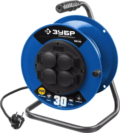Удлинитель на катушке &quot;ПВС 315&quot;, 30 м, 3500 Вт, 4 гнезда, IP44, ПВС 3х1,5 кв мм, ЗУБР 55081-30 купить в Тюмени