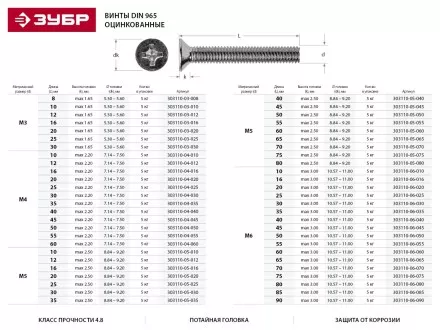 Винт ЗУБР &quot;МАСТЕР&quot; DIN 965, класс прочности 4.8, оцинкованный, M3x30мм, 5кг 303110-03-030 купить в Тюмени