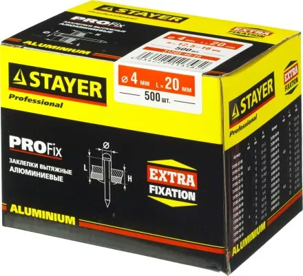 Заклепки PROFIX алюминиевые, 4,0х20мм, 500шт, STAYER Professional 31205-40-20 31205-40-20 купить в Тюмени