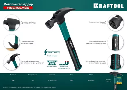 Молоток-гвоздодер с фиберглассовой двухкомпонентной рукояткой 20265-56 купить в Тюмени
