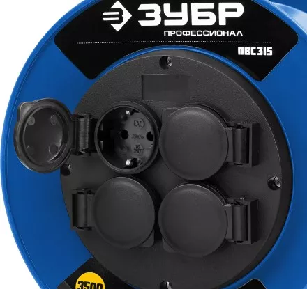 Удлинитель на катушке &quot;ПВС 315&quot;, 50 м, 3500 Вт, 4 гнезда, IP44, ПВС 3х1,5 кв мм, ЗУБР 55081-50 купить в Тюмени