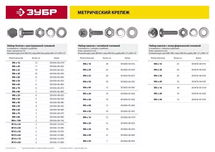 Винт (DIN7985) в комплекте с гайкой (DIN934), шайбой (DIN125), шайбой пруж. (DIN127), M4 x 20 мм, 24 шт, ЗУБР 303476-04-020 купить в Тюмени