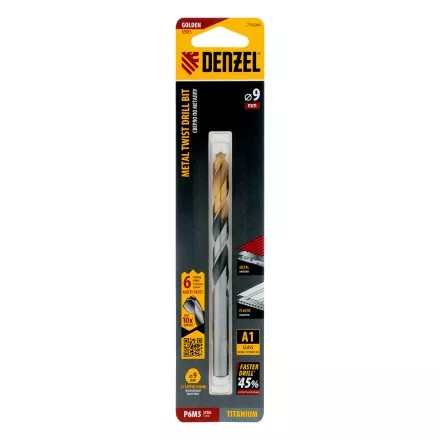 Сверло спиральное по металлу Denzel 9 x 125мм, Р6М5, Golden Tip, многогранная заточка, 718284 купить в Тюмени