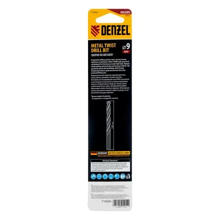 Сверло спиральное по металлу Denzel 9 x 125мм, Р6М5, Golden Tip, многогранная заточка, 718284 купить в Тюмени