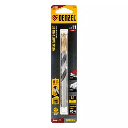 Сверло спиральное по металлу Denzel, 11 x 142мм, Р6М5, Golden Tip, многогранная заточка, 718286 купить в Тюмени