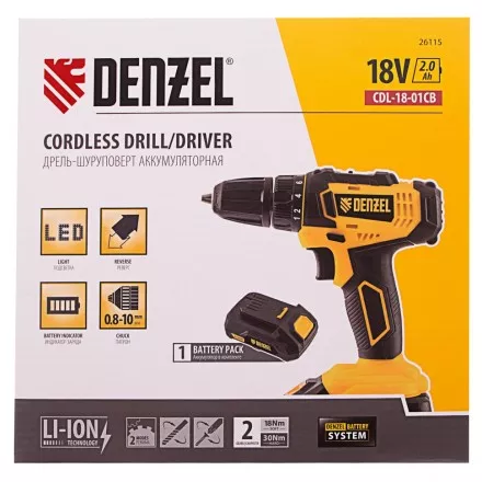 Дрель-шуруповерт аккумуляторная Denzel 26115, CDL-18-01CB, Li-Ion, 18 В, 1 аккумулятор купить в Тюмени