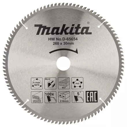 Диск пильный универсальный для алюминия/дерева/пластика Makita D-65654, 260x30x1.8 мм; 100 зубьев купить в Тюмени