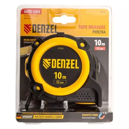 Рулетка Denzel 10м х 32мм, автоматич. фиксац., нейлон. покрытие, магнит. зацеп, двухстор. разметка, 31525 купить в Тюмени