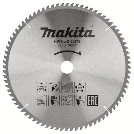 Диск пильный универсальный для алюминия/дерева/пластика Makita D-65676, 305x30x2.8/2 мм; 80 зубьев купить в Тюмени