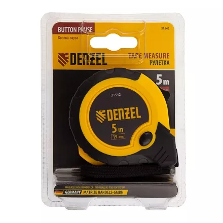 Рулетка Denzel 5м х 19мм, двухкомп. корпус, кнопка-пауза, 31542 купить в Тюмени