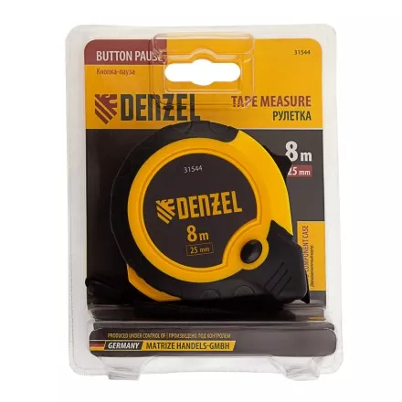 Рулетка Denzel 8м х 25мм, двухкомп. корпус, кнопка-пауза, 31544 купить в Тюмени