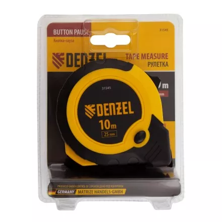 Рулетка Denzel 10м х 25мм, двухкомп. корпус, кнопка-пауза 31545 купить в Тюмени