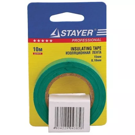 Изолента, STAYER Profi 12292-G-15-10, ПВХ, на карточке, 15мм х 10м х 0,18мм, зеленая 12292-G-15-10 купить в Тюмени