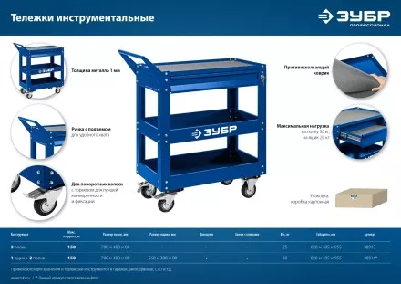 ЗУБР 820 х 405 х 955 мм, инструментальная тележка с 3 полками, Профессионал (38913) купить в Тюмени