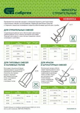 Миксер для строительных смесей Сибртех, 80х8х400мм, шестигранный хвостовик 84771 купить в Тюмени