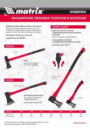 Топор-колун с клиновидным полотном 2500 г Matrix 21811, фибергласовое обрезиненное топорище 880 мм купить в Тюмени
