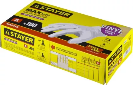 Перчатки STAYER &quot;MASTER&quot; виниловые экстратонкие, XL, 100шт 11207-XL купить в Тюмени