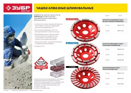 Чашка алмазная шлифовальная по бетону ЗУБР &quot;МАСТЕР&quot; сегментная двухрядная, 125мм 33376-125 купить в Тюмени