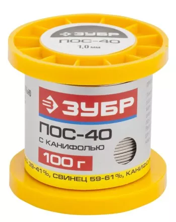 Припой ЗУБР, ПОС 40, трубка с канифолью, 100г, 1мм 55451-100-10C купить в Тюмени
