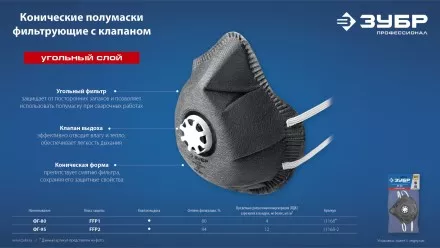 ЗУБР ФГ-95 коническая с угольным слоем, класс защиты FFP2, с клапаном выдоха, фильтрующая полумаска (11168-2) купить в Тюмени