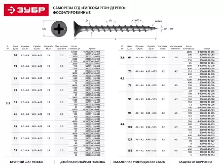 Саморезы фосфатированные с крупной резьбой, гипсокартон-дерево, ЗУБР 300031-42-076, PH2, 4,2 x 76 мм, 100 шт 300031-42-076 купить в Тюмени