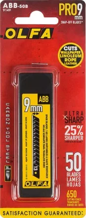 Лезвия OLFA сегментированные BLACK MAX, 9х80х0,38мм, 13 сегментов, 50шт OL-ABB-50B купить в Тюмени