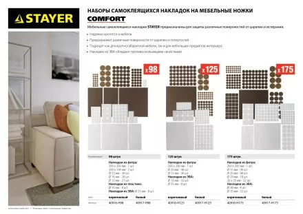 Набор STAYER &quot;COMFORT&quot;: Накладки самоклеящиеся на мебельные ножки, 125 шт, коричневые 40916-H125 купить в Тюмени