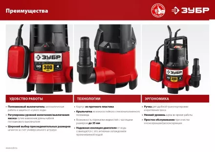 ЗУБР 300 Вт, дренажный насос для грязной воды (НПГ-М1-300) купить в Тюмени