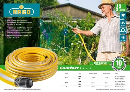 Шланг RACO COMFORT поливочный, 25атм., армированный, 3-х слойный, 3/4&quot;х50м 40303-3/4-50_z01 купить в Тюмени