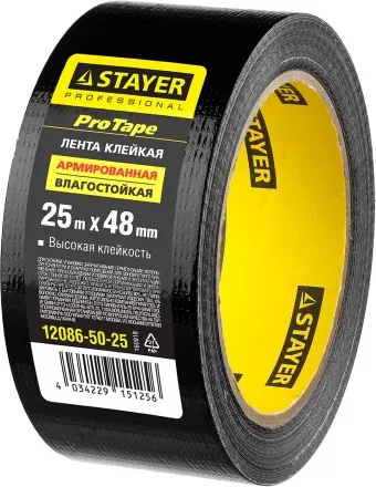 Армированная лента, STAYER Professional 12086-50-25, универсальная, влагостойкая, 48мм х 25м, черная 12086-50-25 купить в Тюмени