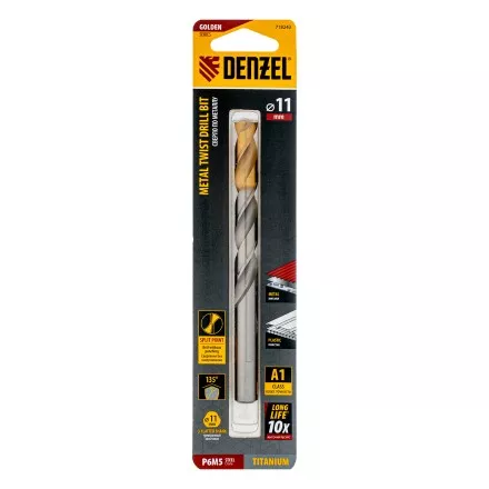Сверло спиральное по металлу Denzel, 11 x 142 мм, Р6М5, Golden Tip, 718243 купить в Тюмени