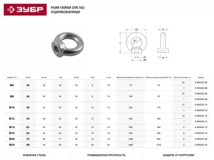 Рым-гайка ЗУБР &quot;ПРОФЕССИОНАЛ&quot; DIN 582, оцинкованная, М6, 25 шт 4-304325-06 купить в Тюмени