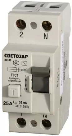 Выключатель дифференциальный &quot;УЗО&quot; СВЕТОЗАР, 2-полюсный, 25 A, &quot;AC&quot;, откл. диф.ток. 30 мА, 230 В SV-49152-30-25 купить в Тюмени