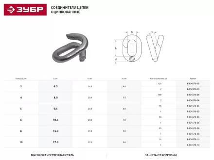 Соединитель цепей ЗУБР, оцинкованный, 5мм, 75 шт 4-304575-05 купить в Тюмени