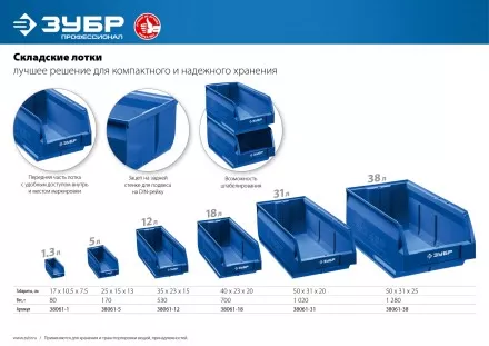 ЗУБР ЛСК-38, 38 л, 500 х 310 х 250 мм, складской лоток, Профессионал (38061-38) купить в Тюмени