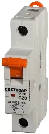 Выключатель автоматический СВЕТОЗАР 1-полюсный, 10 A, &quot;C&quot;, откл. сп. 10 кА, 230 / 400 В SV-49071-10-C купить в Тюмени