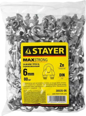 Зажим троса DIN 741, оцинкованный, 6мм, 80 шт, STAYER Master 30535-06 30535-06 купить в Тюмени