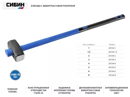 Кувалда с фиберглассовой рукояткой СИБИН, 2 кг 20134-2 купить в Тюмени