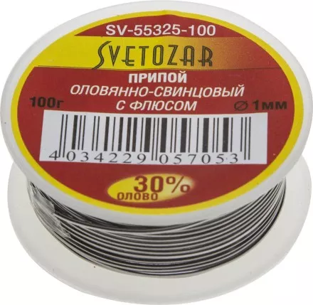 Припой СВЕТОЗАР оловянно-свинцовый, 30% Sn / 70% Pb, 100гр SV-55325-100 купить в Тюмени