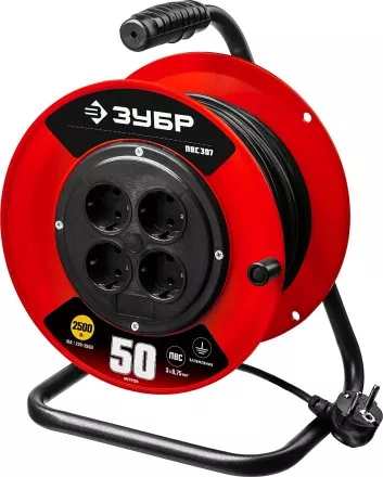Удлинитель на катушке &quot;ПВС 307&quot;, 50 м, 2500 Вт, 4 гнезда, ПВС 3х0,75 кв мм, ЗУБР 55083-50 купить в Тюмени
