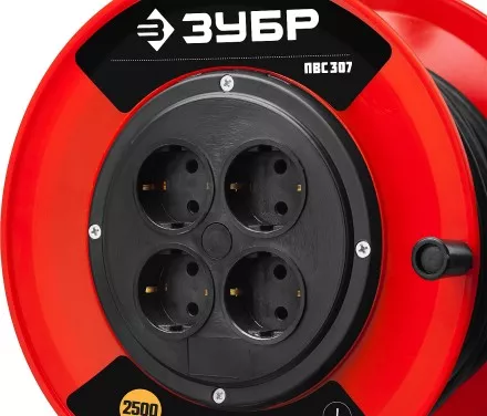 Удлинитель на катушке &quot;ПВС 307&quot;, 50 м, 2500 Вт, 4 гнезда, ПВС 3х0,75 кв мм, ЗУБР 55083-50 купить в Тюмени