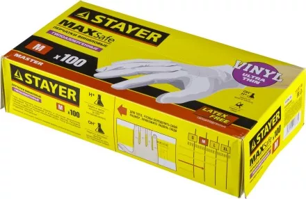 Перчатки STAYER &quot;MASTER&quot; виниловые экстратонкие, M, 100шт 11207-M купить в Тюмени