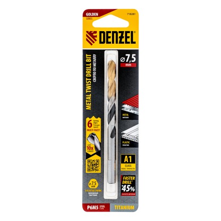 Сверло спиральное по металлу Denzel 7,5 x 109мм, Р6М5, Golden Tip, многогранная заточка, 718281 купить в Тюмени