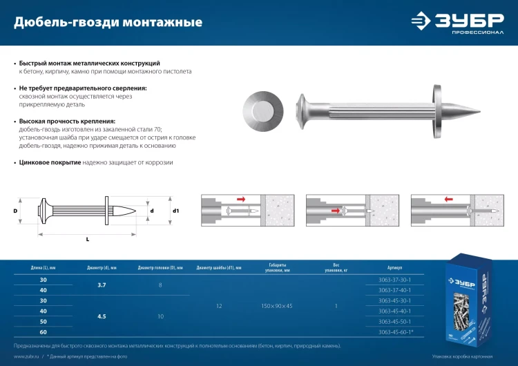 ЗУБР ДГМ, 40 x 4.5 мм, цинк, 1 кг, монтажный дюбель-гвоздь , Профессионал (3063-45-40-1) купить в Тюмени