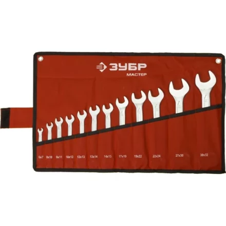 Набор ЗУБР &quot;МАСТЕР&quot;: Ключ гаечный рожковый, Cr-V сталь, хромированный, 6-32мм, 12шт 27010-H12 купить в Тюмени