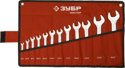 Набор ЗУБР &quot;МАСТЕР&quot;: Ключ гаечный рожковый, Cr-V сталь, хромированный, 6-32мм, 12шт 27010-H12 купить в Тюмени