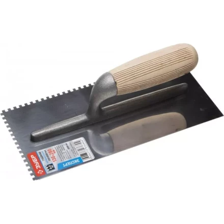 Гладилка нержавеющая ЗУБР &quot;ПРОФЕССИОНАЛ&quot; с деревянной ручкой, зубчатая, 4х4мм, 130х280мм 0806-04_z01 купить в Тюмени