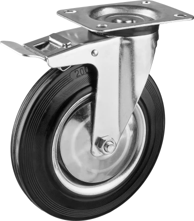 Колеса поворотные с тормозом из литой резины с металлическим диском серия ПРОФЕССИОНАЛ купить в Тюмени