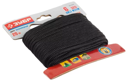 Шнур ЗУБР полиамидный, плетеный, повышенной нагрузки, без сердечника, черный, d 6, 20м 50321-06-020 купить в Тюмени